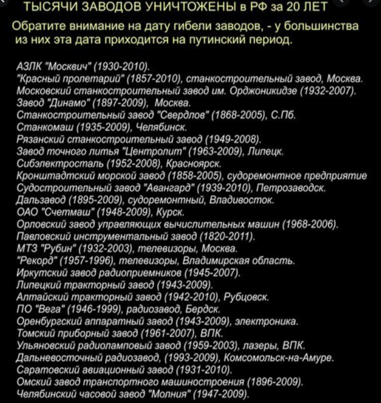 Сколько заводов. Список заводов закрытых при Путине. Заводы разрушенные при Путине список. Список уничтоженных заводов. Список предприятий закрытых при Путине.