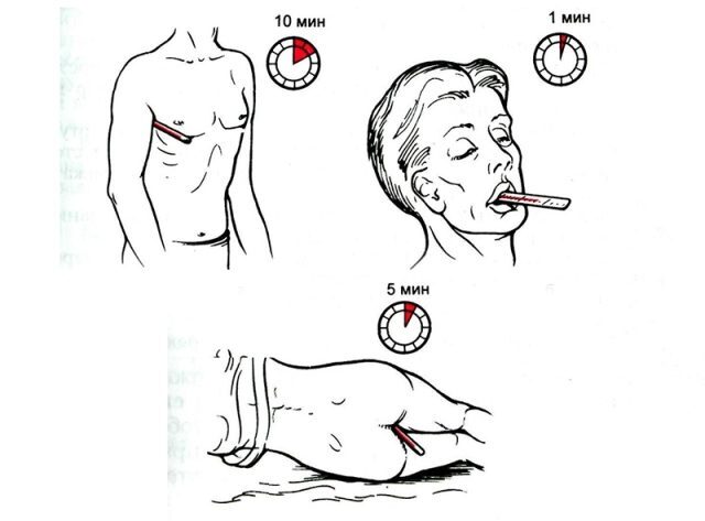Сколько минут держать градусник под мышкой ртутный. Правильно мерить температуру ртутным градусником. Места измерения температуры тела ртутным термометром:. Правильная постановка термометра. Места термометрии.