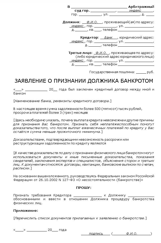 Образец заявления о банкротстве гражданина