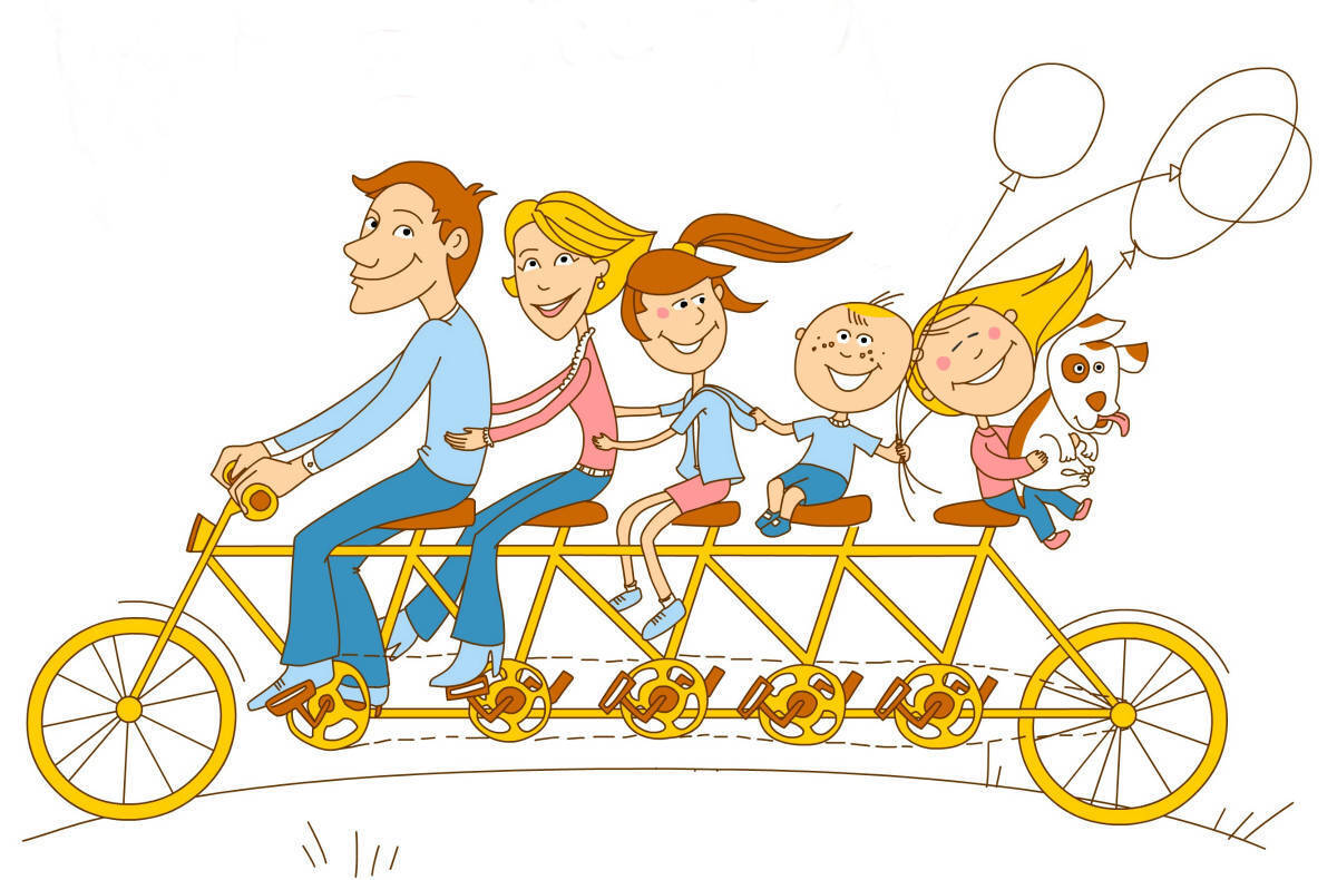Прикольная открытка с днем пап. Открытки с изображением семьи. Семейный велосипед рисунок. Поздравляем многодетного отца. День семьи иллюстрации.