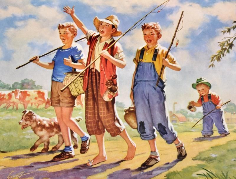 Мальчики пошли. Иллюстратор Raymond James Stuart. Картина мальчики на рыбалке. Мальчишки на рыбалке.