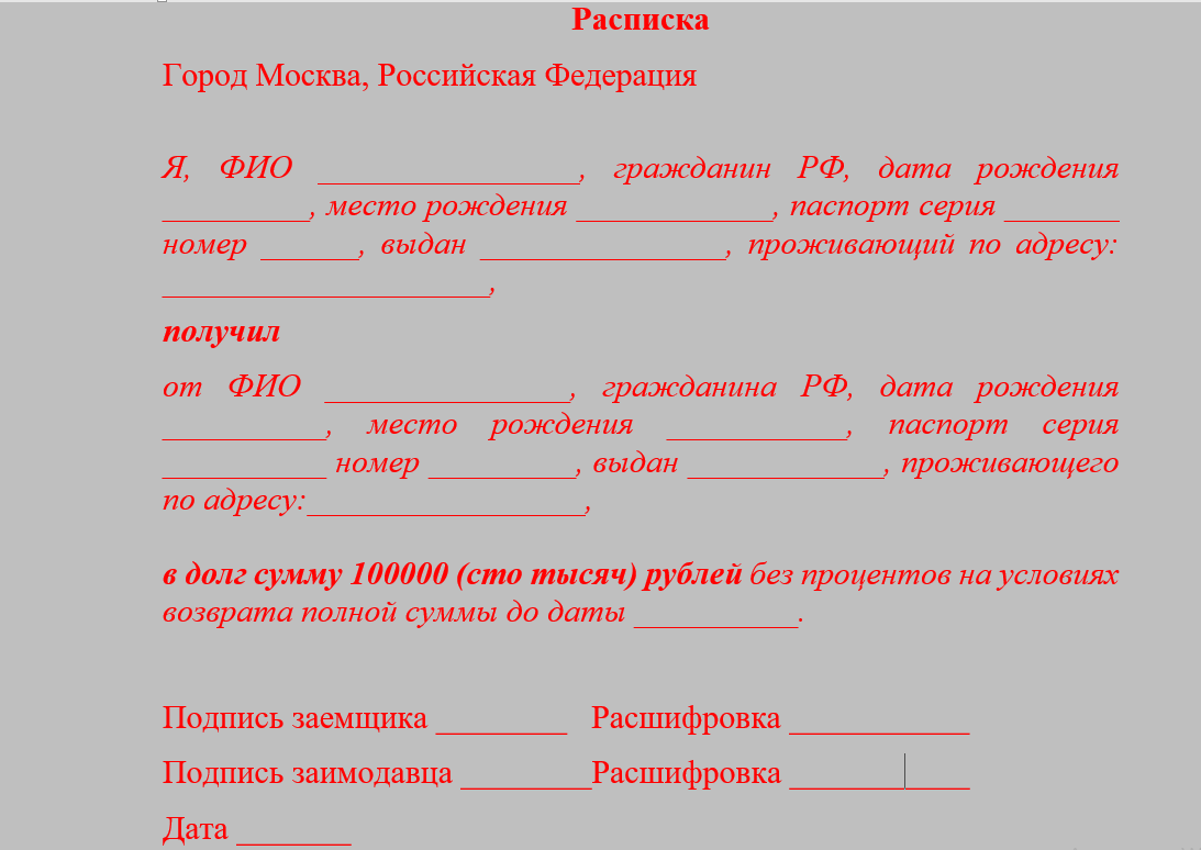 Расписка по договору займа между физическими лицами образец