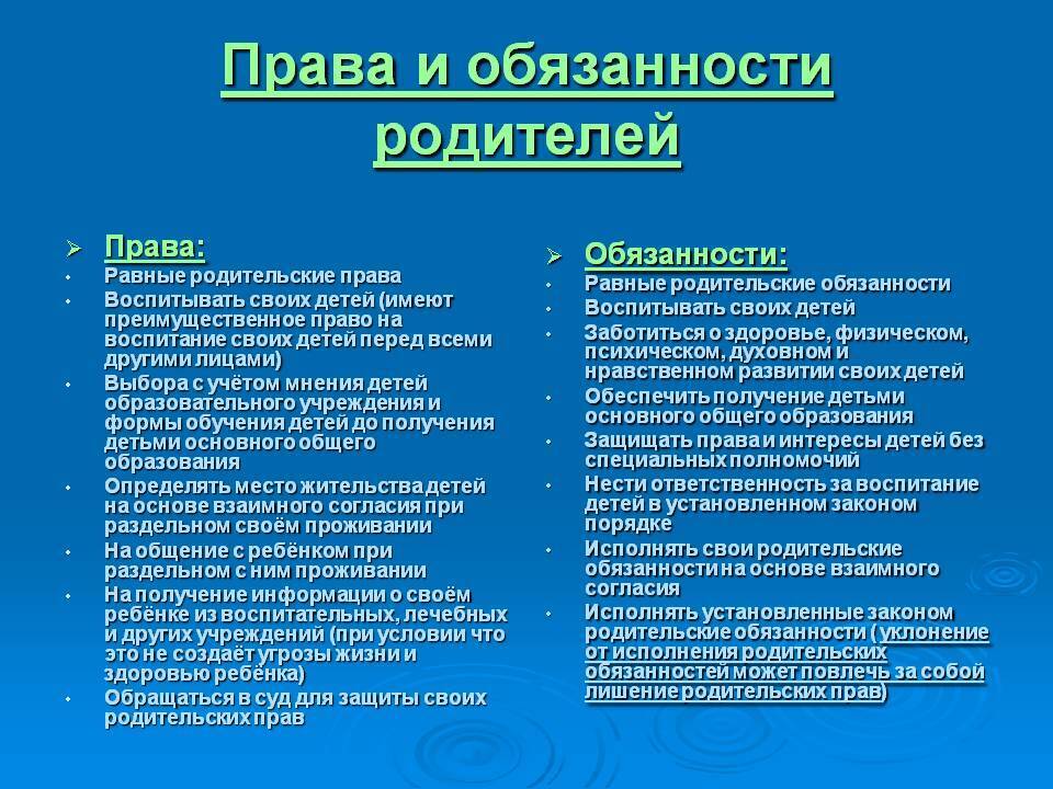 Семейно правовая обязанность. Обязанности родителей по отношению к детям.