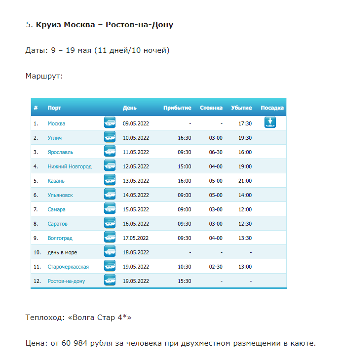 Пять речных круизов из Москвы в мае: от 22 тыс. рублей