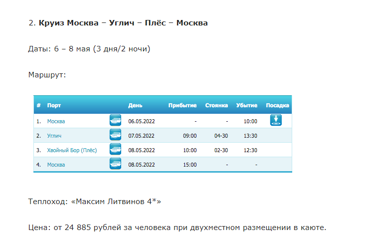 Пять речных круизов из Москвы в мае: от 22 тыс. рублей