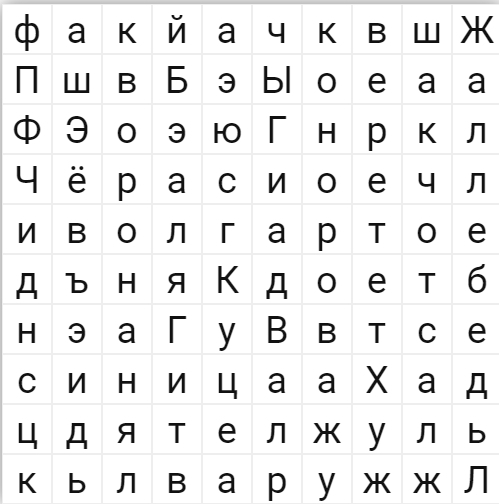 Предлагаю вам увлекательную игру "Найди слова" на тему "Птицы". Нужно просто отыскать названия всех птиц, населяющих среднюю часть нашего континента.