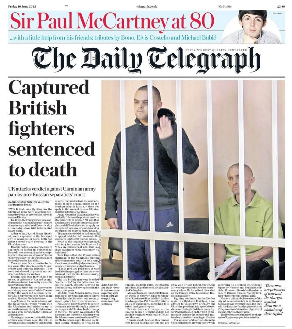 Все британские газеты пишут сегодня об одном - о смертном приговоре для иностранных наёмников в ДНР.