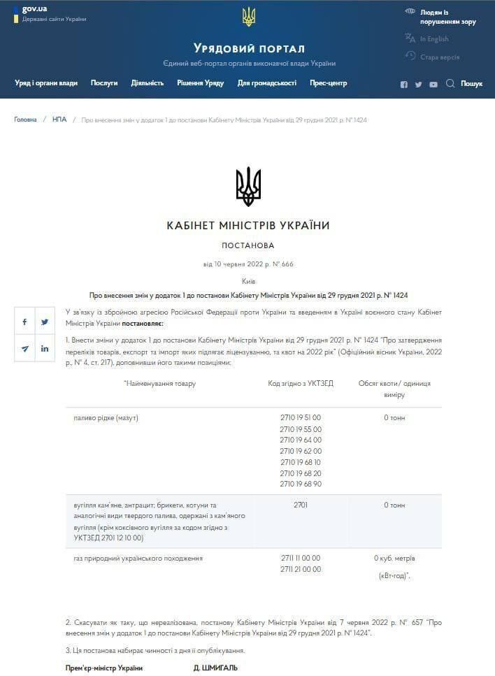 Кабмин Украины Постановой №666 запретил экспортировать уголь, мазут и газ украинской добычи из страны.