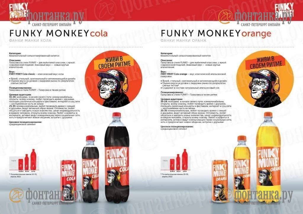 В России вместо Coca-Cola и Fanta появятся новые напитки с привычными цветами — Funky Monkey Cola и Orange,