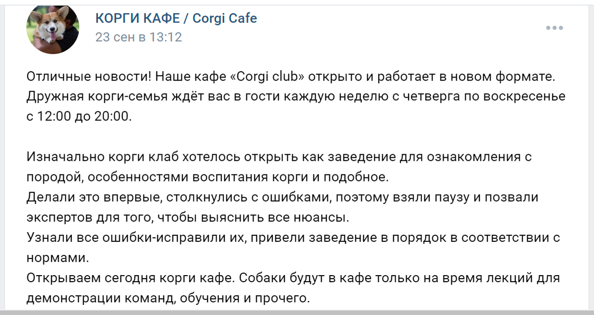 Корги-кафе на Севкабеле возобновило свою работу