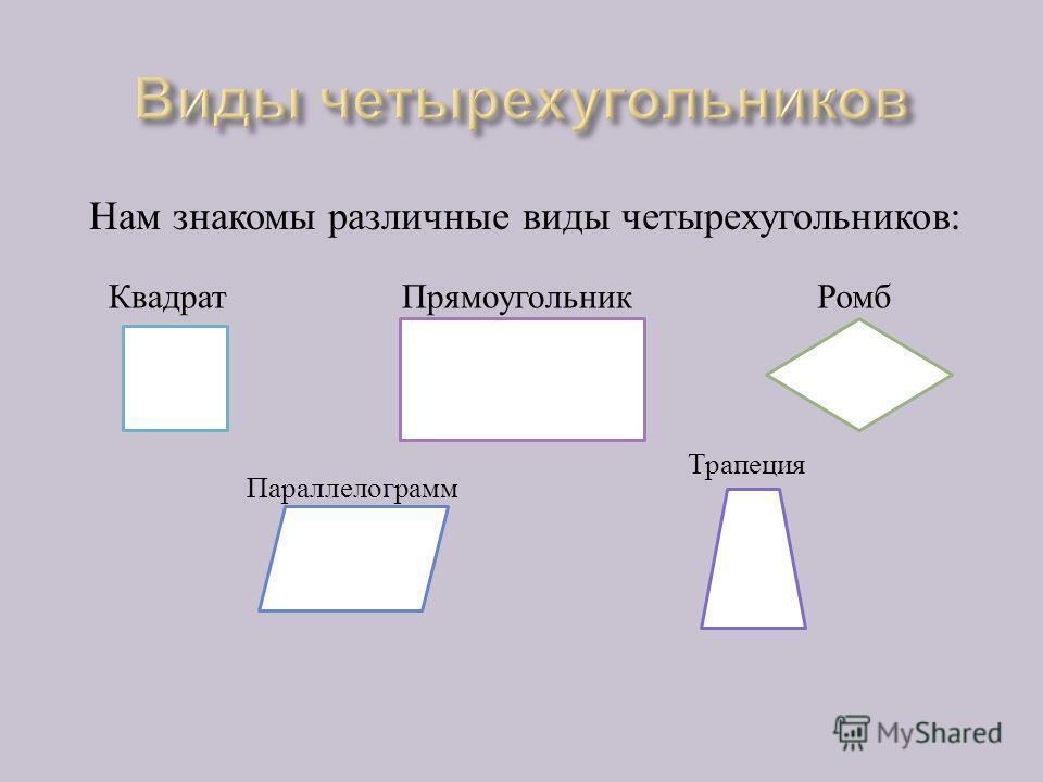 Форма квадрата прямоугольника. Виды четырехугольников. Виды четеоех Угольников. Вмлы четырех угольриков. Виды четирех Угольников.