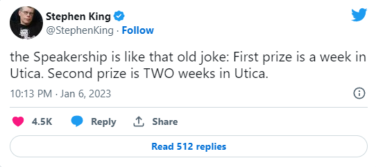Знаменитый писатель Стивен Кинг "искренне" извиняется за шутку о Нью-Йорке во время борьбы за место спикера парламента