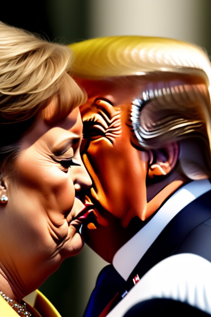 Ангела Меркель целуется с Дональдом Трампом.