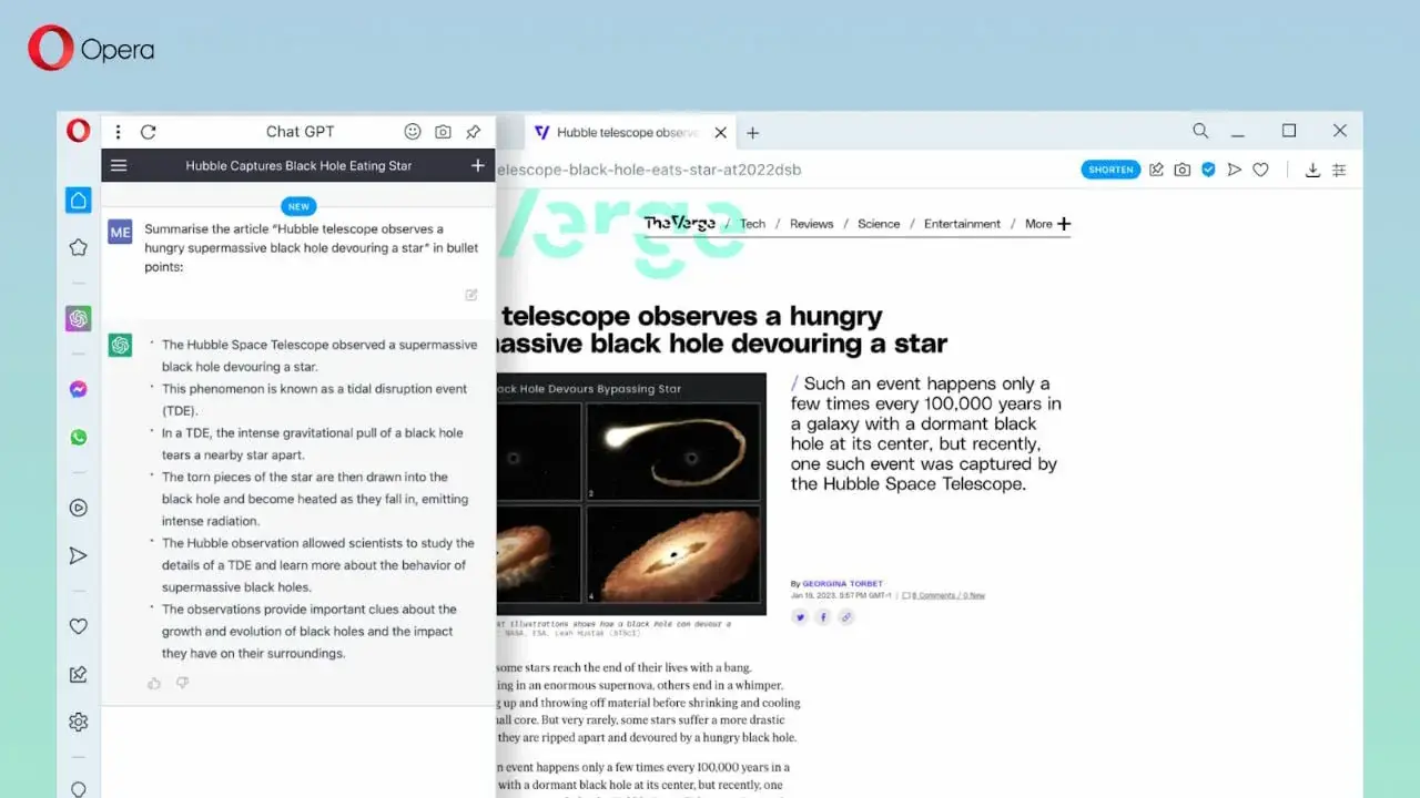 Opera интегрирует ChatGPT и добавит кнопку «Сократить» для сводок контента