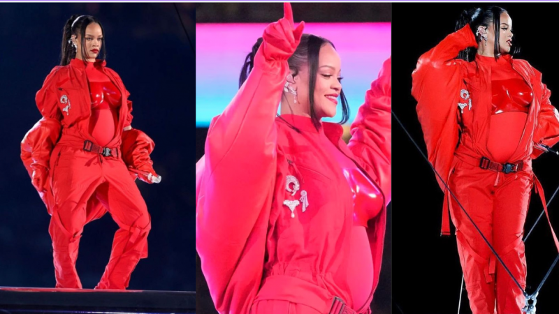 Рианна, снова беременная, хвастается животиком на шоу в перерыве между таймами Суперкубка