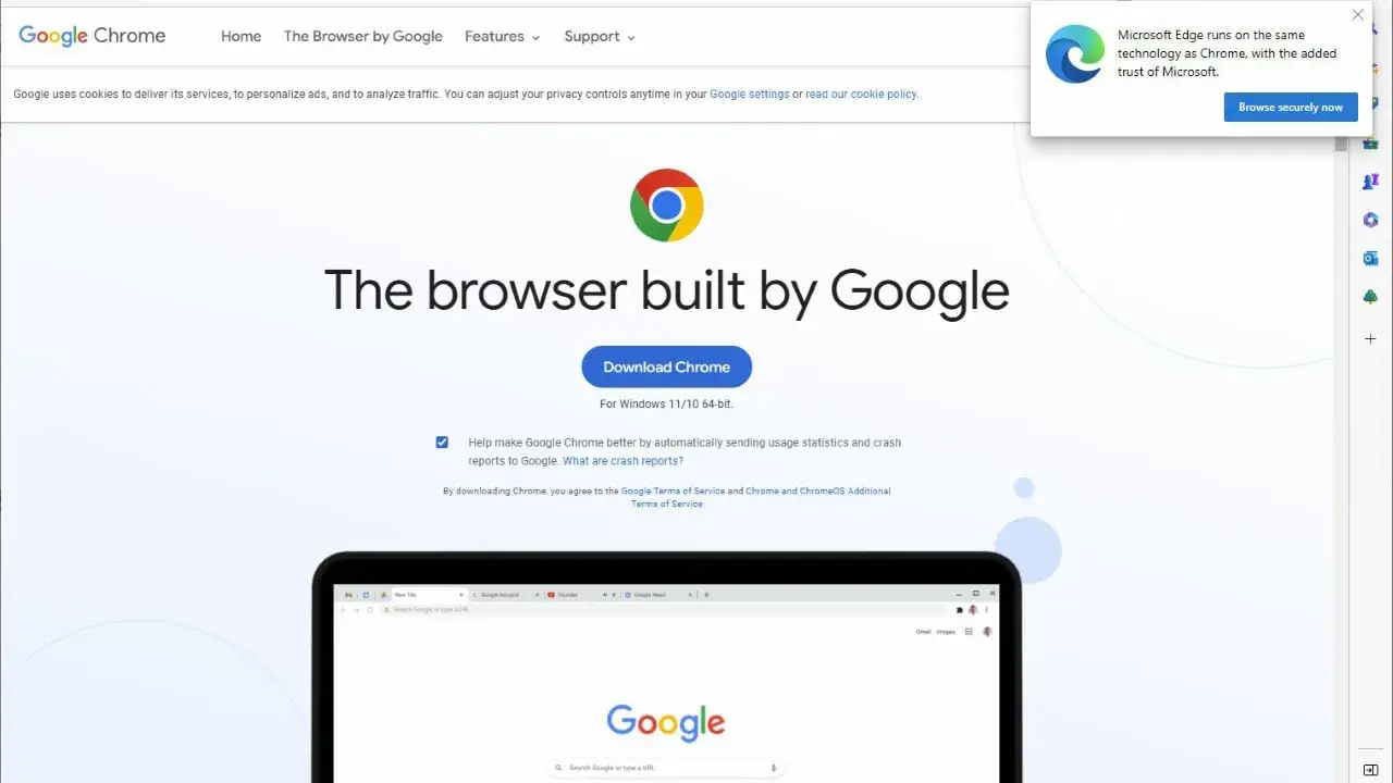 Microsoft отображает несколько объявлений Edge на странице загрузки Google Chrome