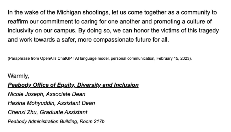 Школа приносит извинения после использования ChatGPT для написания электронного письма о массовых расстрелах.