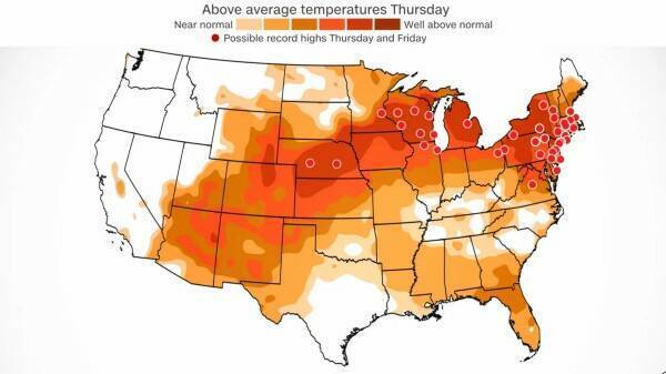 До пятницы на Среднем Западе и Северо-востоке может быть побито более 100 температурных рекордов