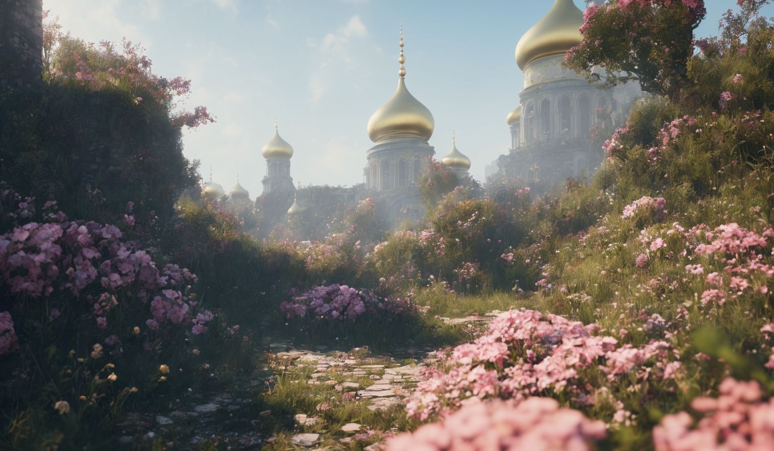 Древняя архитектура в окружении райских цветов