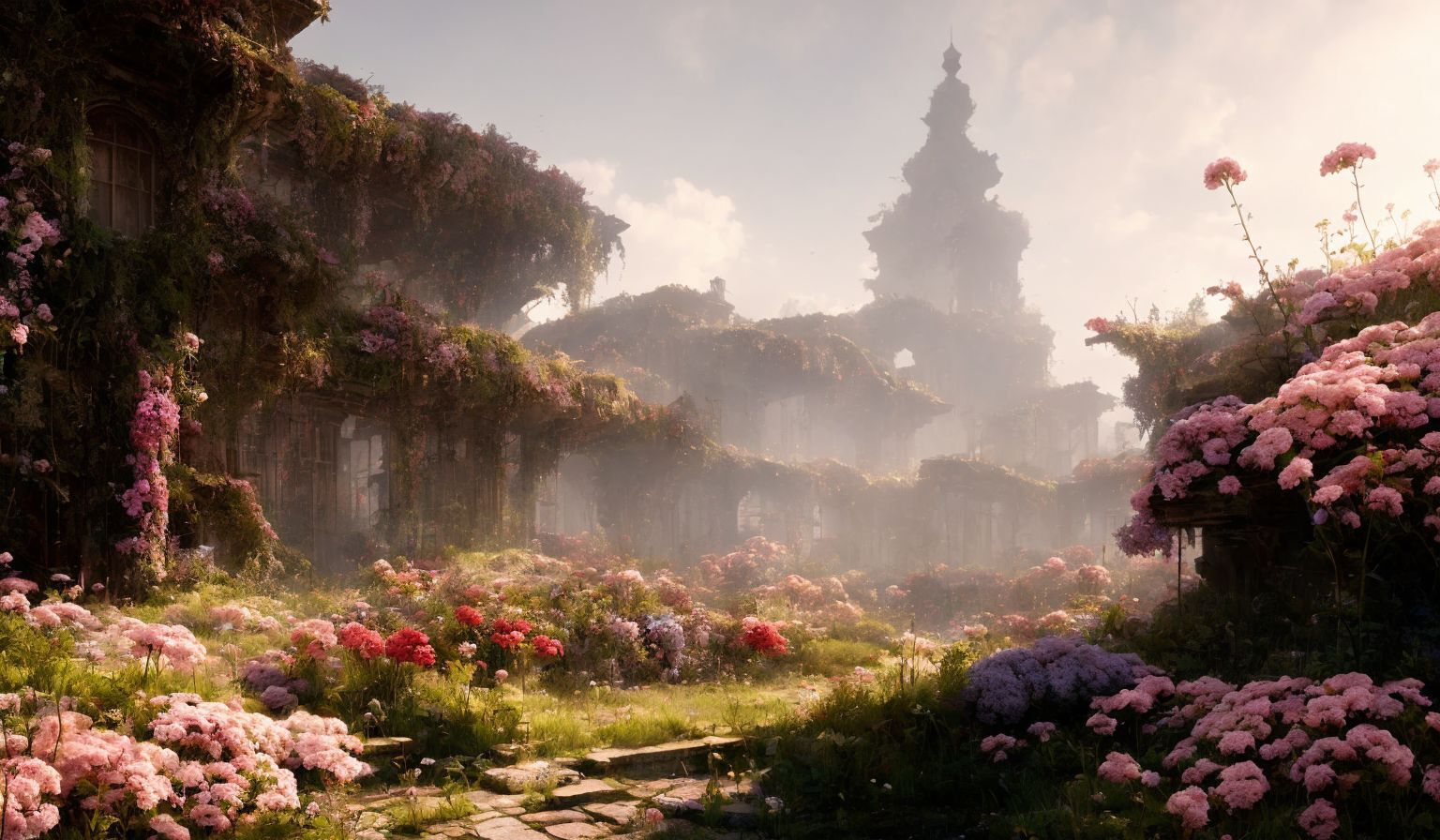 Древняя архитектура в окружении райских цветов