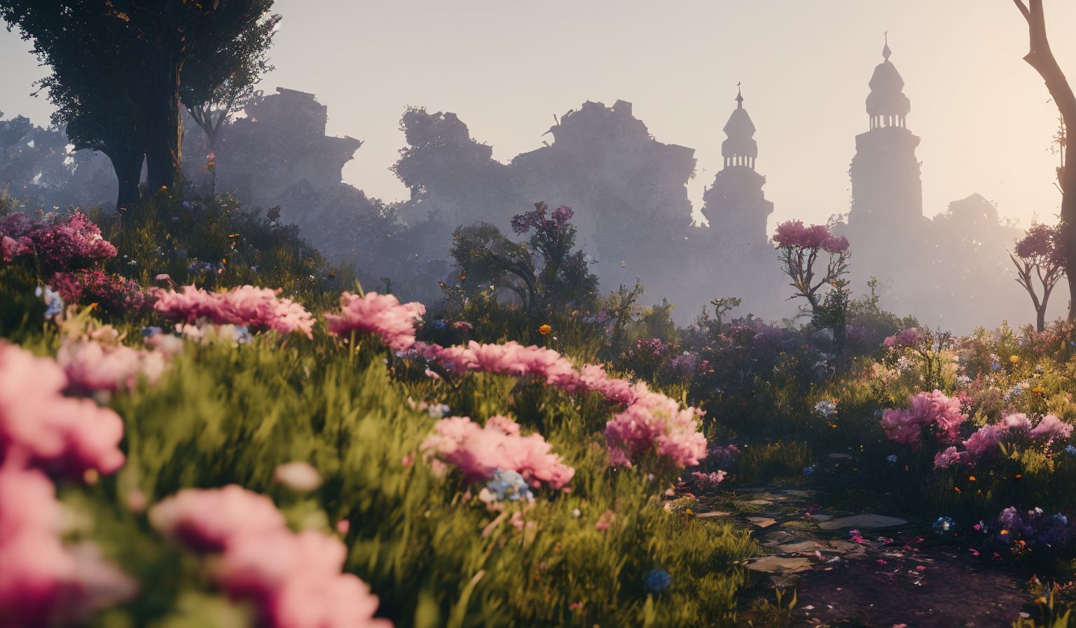 Древняя архитектура в окружении райских цветов