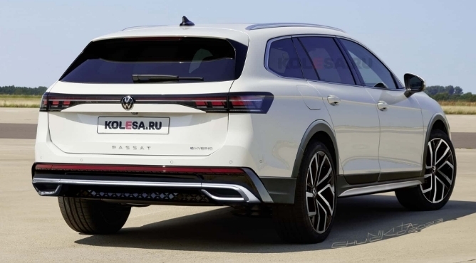 Рендеринг Volkswagen Passat Alltrack 2024 года представляет собой поднятый фургон