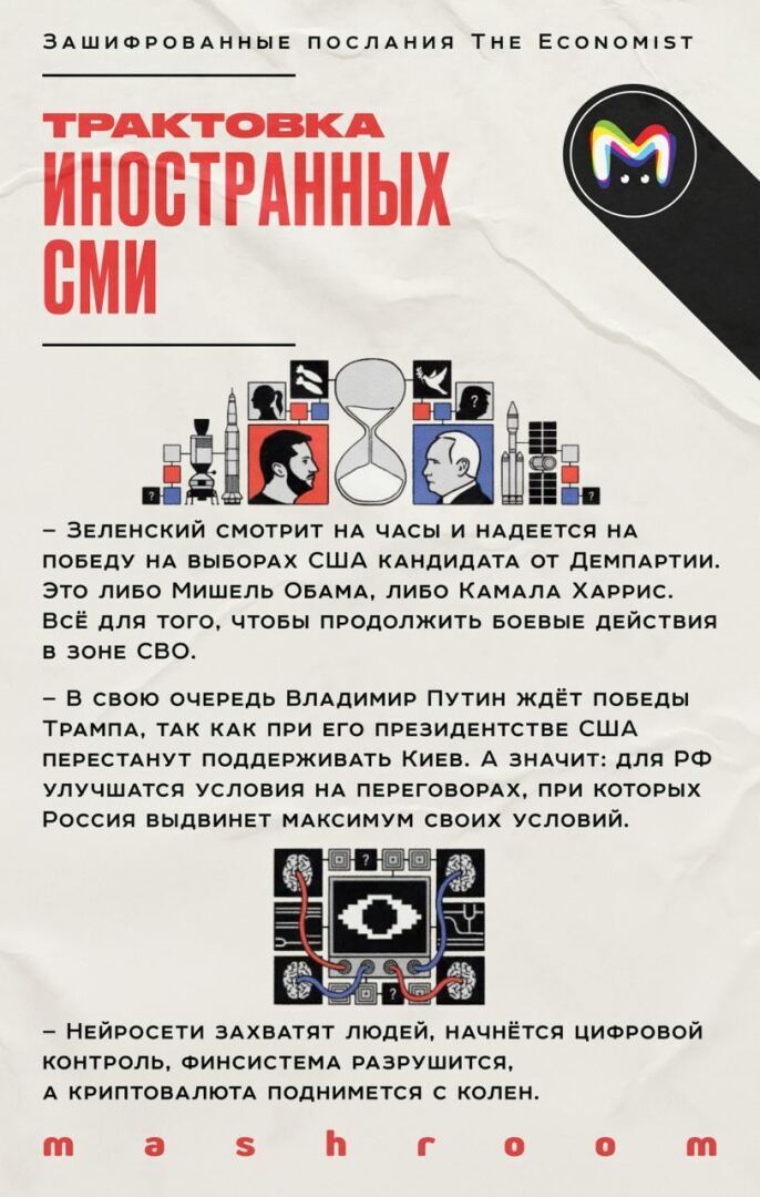 Популярный журнал The Economist 15 ноября 2023 года вышел с очередной своей ребусной обложкой с предсказаниями на 2024 год, какие у нее трактовки