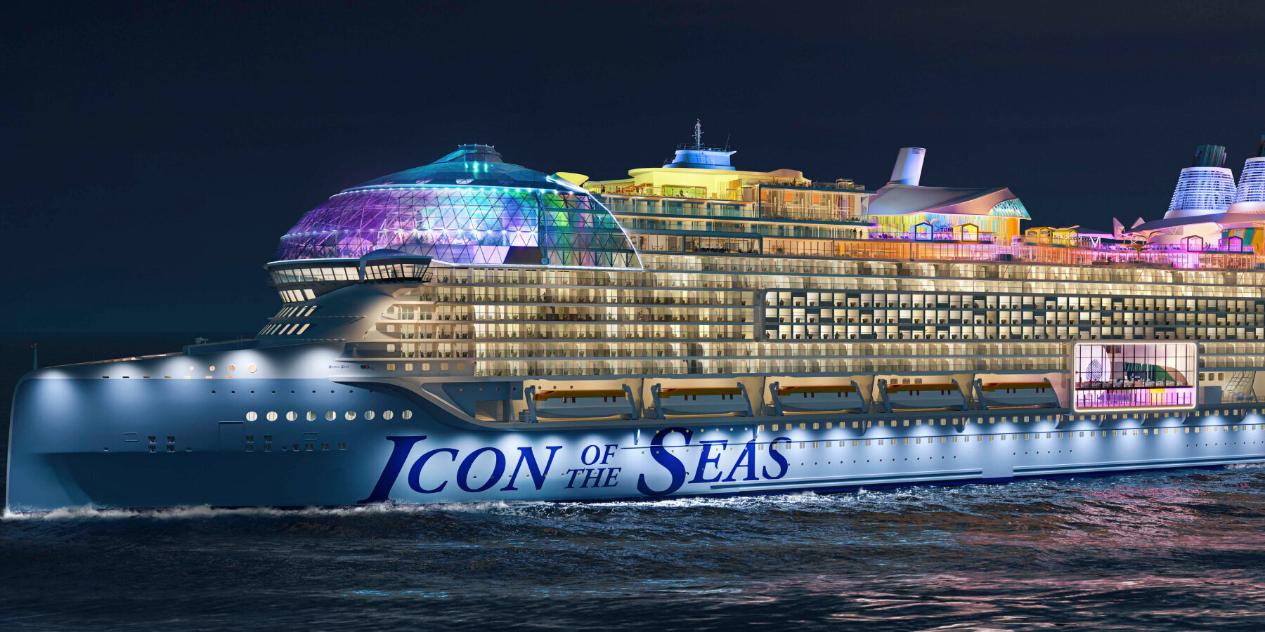 Лайнер в 2024 году. Icon of the Seas Роял Карибиан. Icon of the Seas лайнер. Самый большой круизный лайнер в мире 2022. Самый большой корабль в мире Титаник.