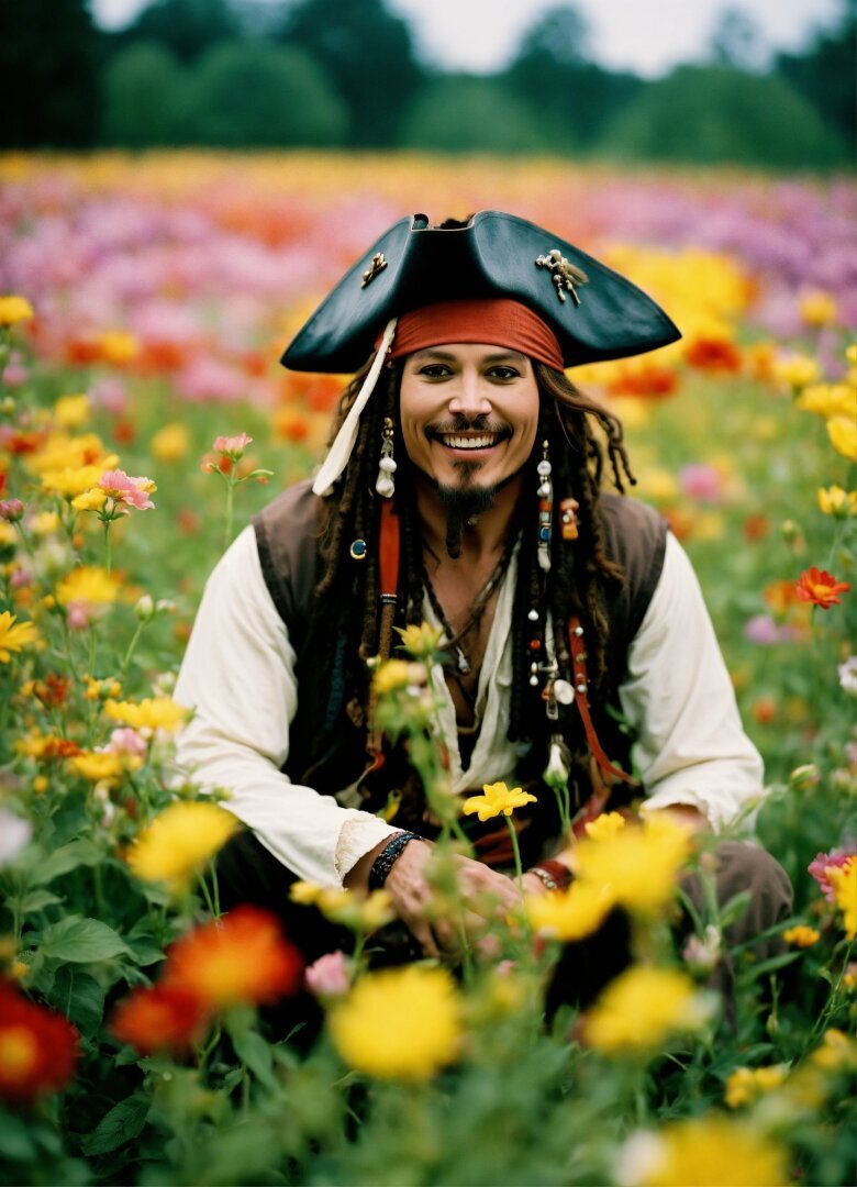 Счастливый Джек Воробей в красивом цветочном поле