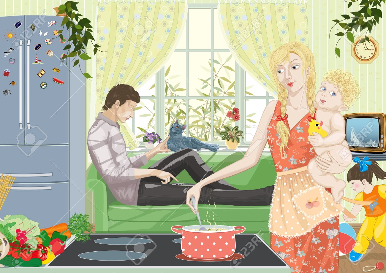 Муж гуляет что делать. Семья на кухне рисунок. Женщина и муж дома рисунок. Иллюстрация муж и жена на кухне. Выходные с семьей арт.