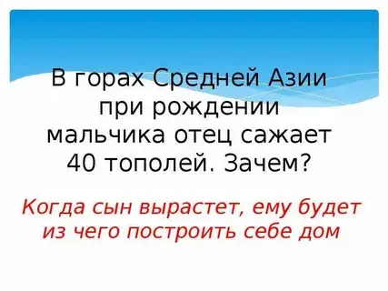В горах Средней Азии при рождении мальчика отец сажает 40 тополей. Зачем?