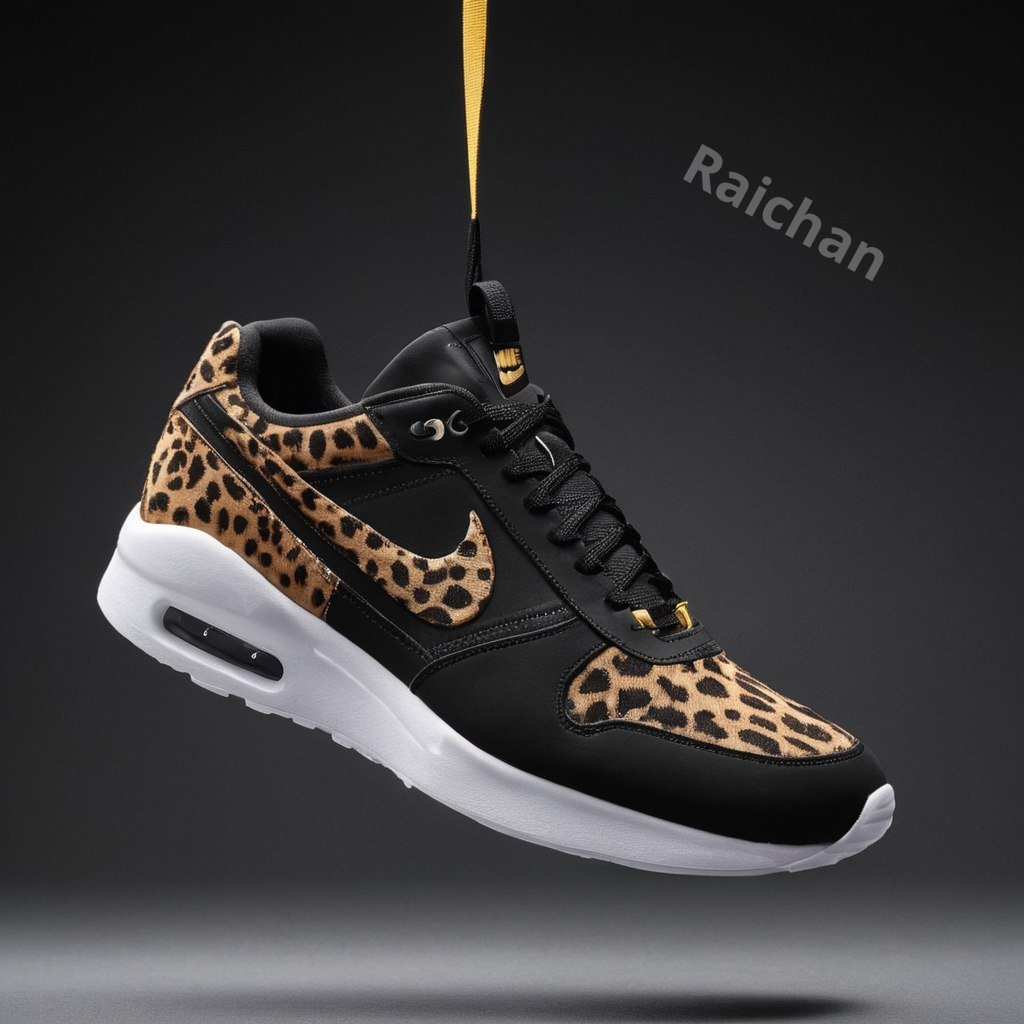Нейросеть сгенерировала кроссовки, современную спортивную обувь в леопардовом стиле, анатомического дизайна, с логотипом Nike и галочкой Nike.