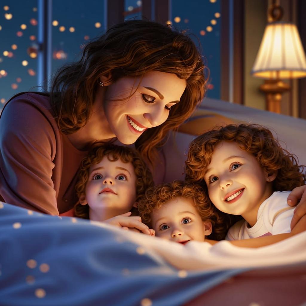 Родители укладывают детей спать.