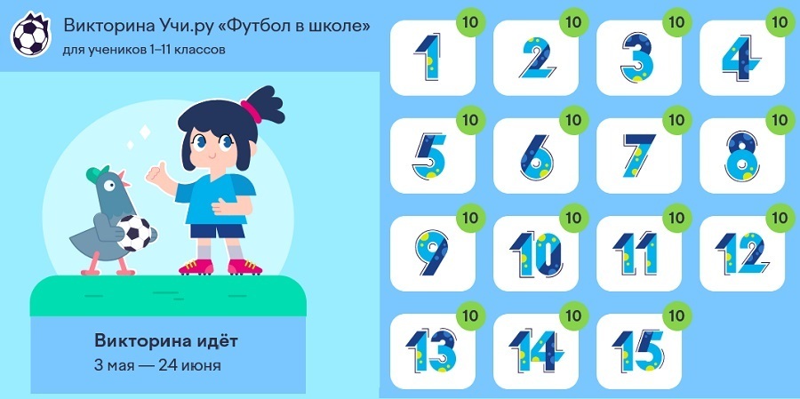 Футбол в школе | 3 мая - 24 июня 2024 года | Тематическая викторина Учи.ру