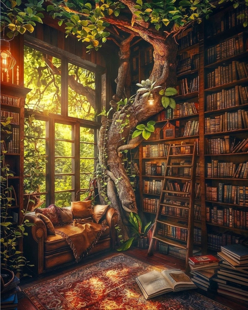 В уютном лесном домике, среди вековых деревьев и зелени.