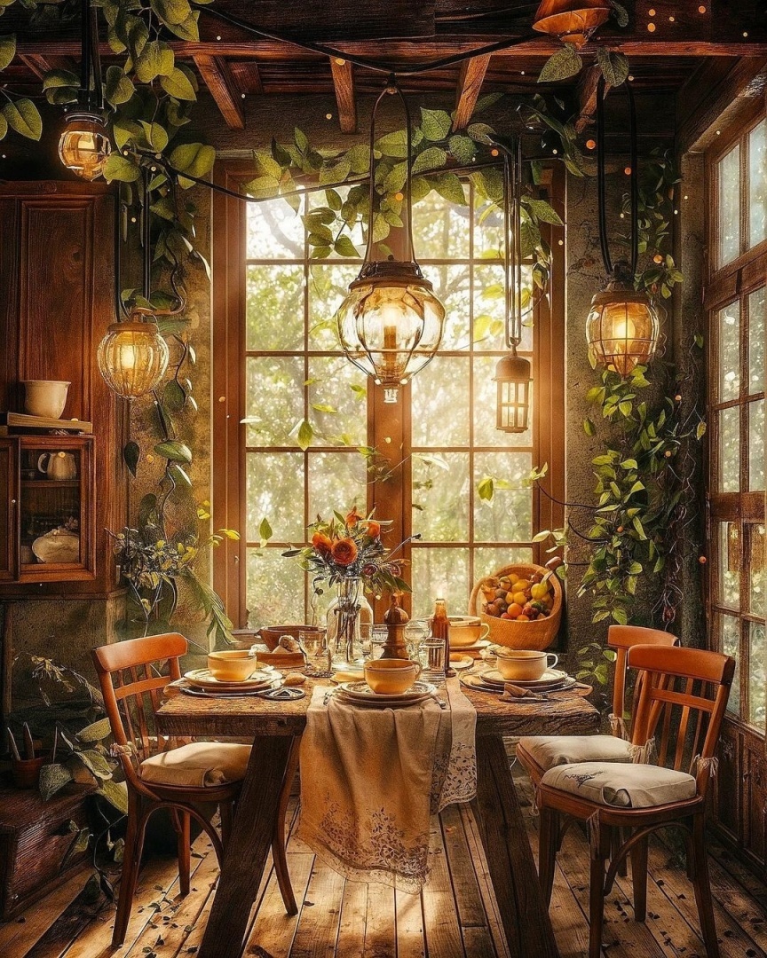 В уютном лесном домике, среди вековых деревьев и зелени.