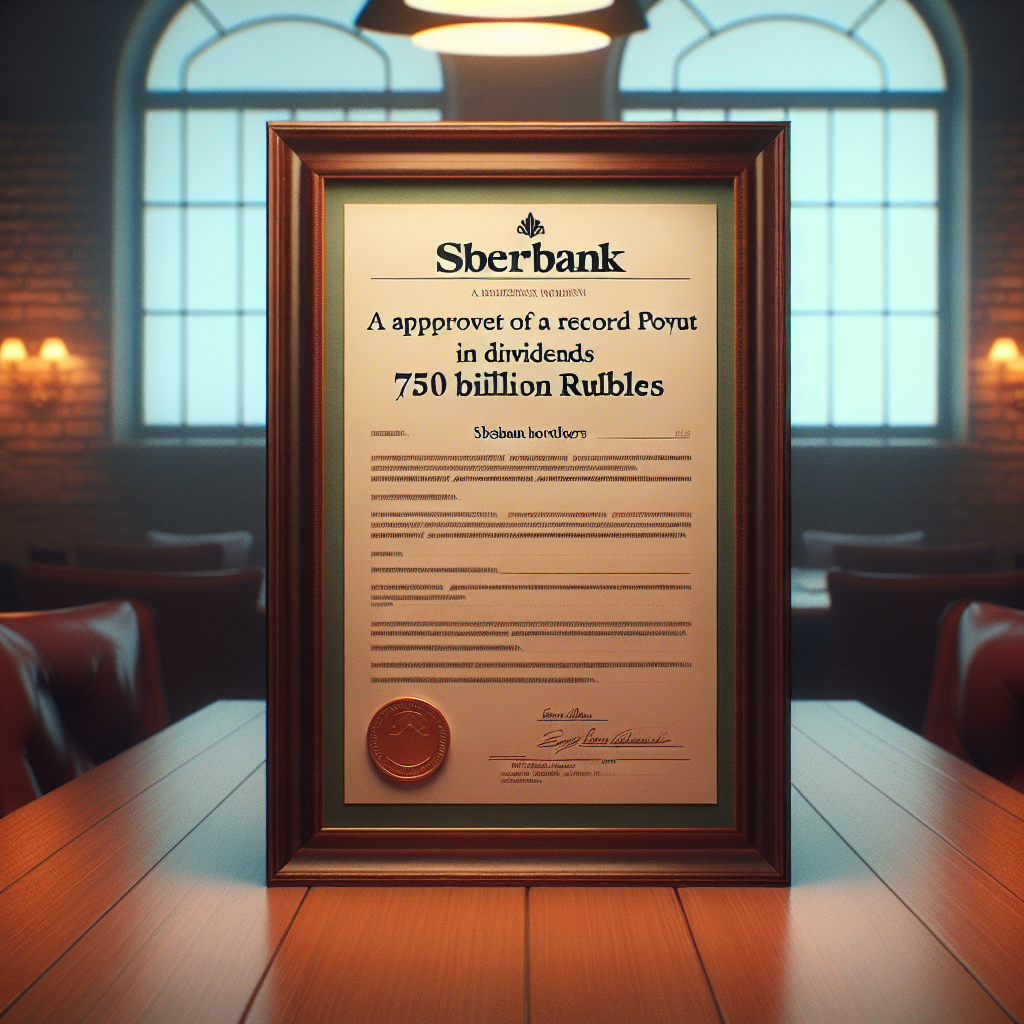 📋 Заголовок: Акционеры Сбербанка утвердили рекордные дивиденды в размере 752 миллиарда рублей.