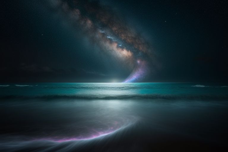 Рельеф «Небесный прилив»: перенеситесь в необыкновенный мир, где океан светится переливающимся голубым оттенком, отражая огромное космическое небо, за