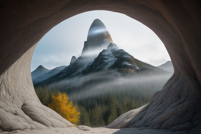 Эхо-вершина снов: эта картина изображает монументальную вершину, которая тянется вверх, окруженную клубящимися туманами, которые образуют постоянно ме