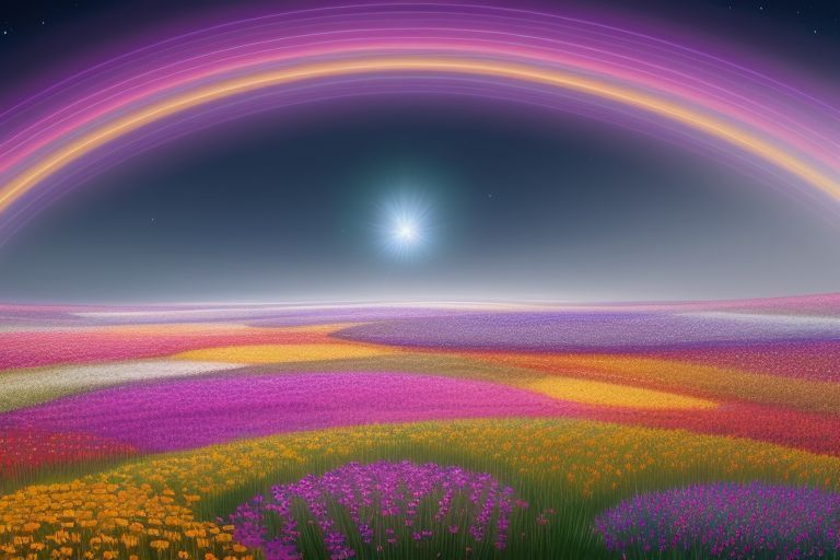 Спиральные поля сияния: эта картина изображает обширное поле, где яркие цветы растут в сложных спиральных узорах, которые тянутся бесконечно до горизо