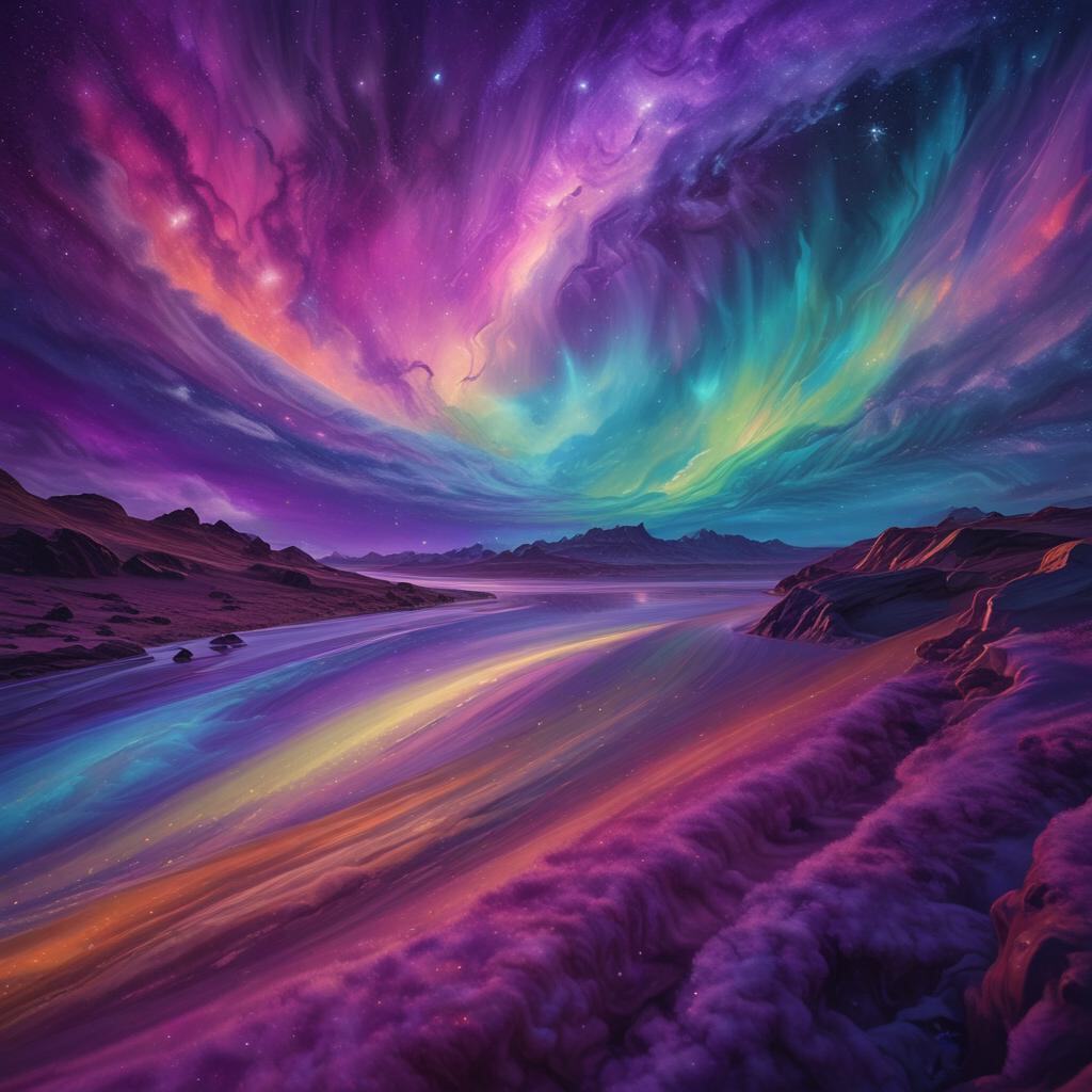 Бесконечные мечты о космосе: Представьте себе закрученный холст цветов, где холмы окрашены в оттенки фиолетового и бирюзового, их поверхности мерцают
