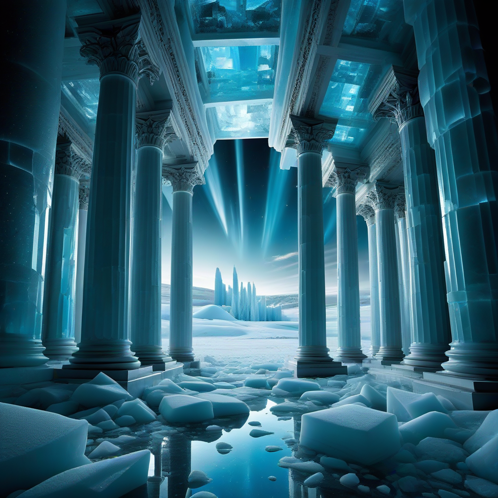 Архитекторы света: В мире чистой фантазии вы увидите сюрреалистический пейзаж, где огромные колонны мерцающего льда достигают неба, каждая из которых