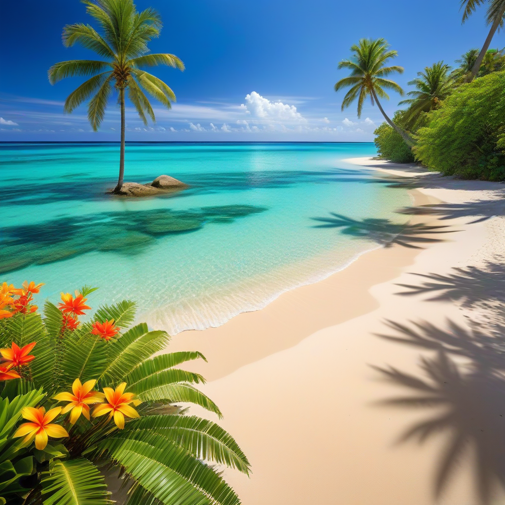 Тропический рай: Живописный вид на тропический остров, окруженный кристально чистой водой. Листва пальм изумрудного цвета