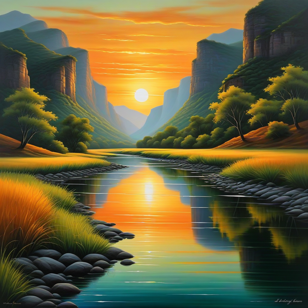 Тайные воды: На картине изображена спокойная река, извивающаяся среди живописных холмов. Темно-зеленая растительность спускается к воде