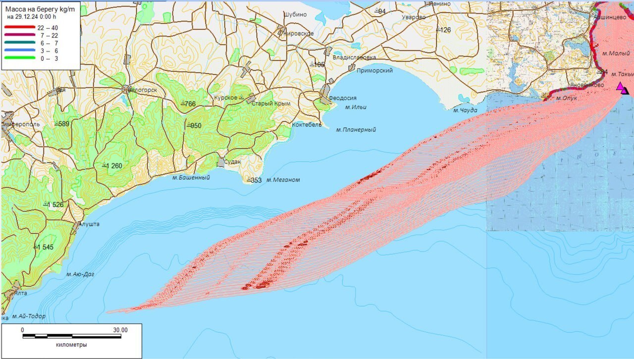 Модель возможного распространения мазута в Крыму