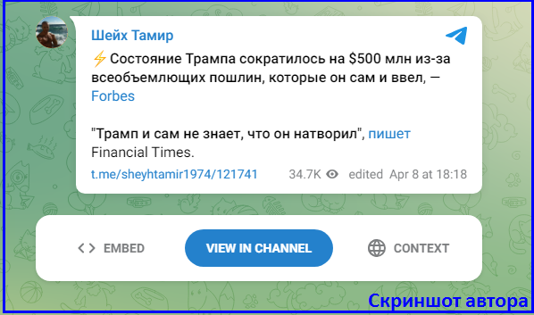 Состояние Дональда Трампа сократилось на 0 млн из-за всеобъемлющих пошлин, которые нацлидер США сам и ввел