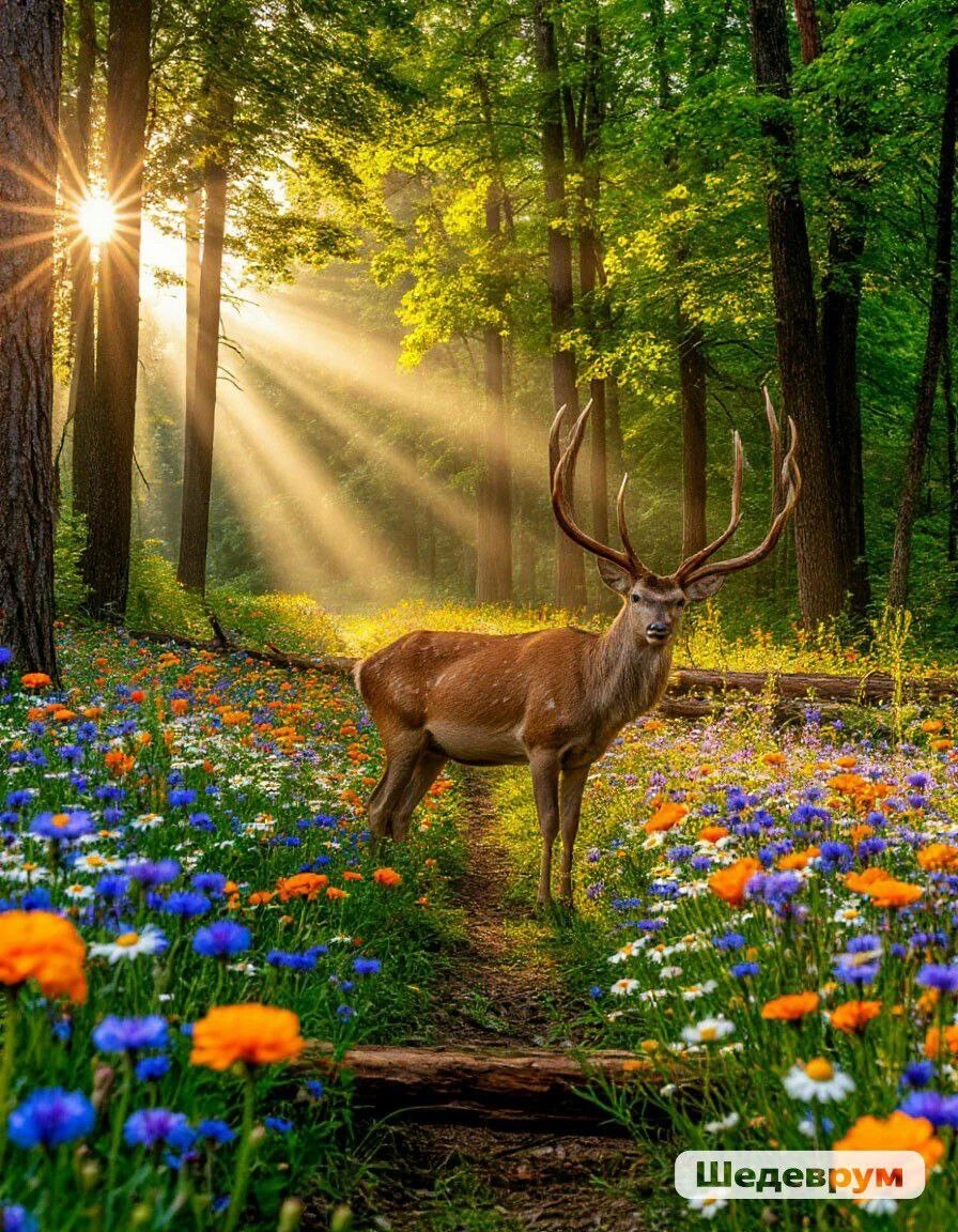 Сгенерировано в Шедеврум: весна, олень с большими рогами, ветер перемен, заход солнца, лицо девушки.