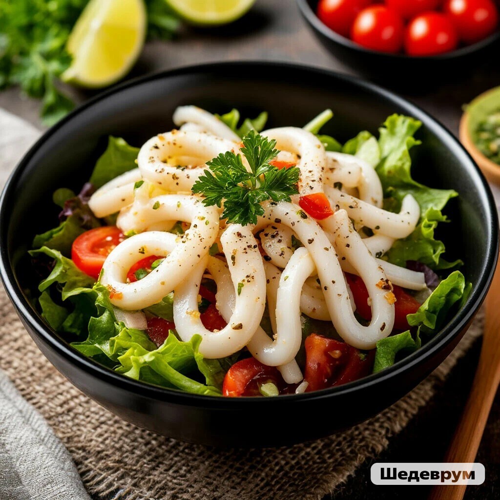 Лёгкие салаты из вареных кальмаров.