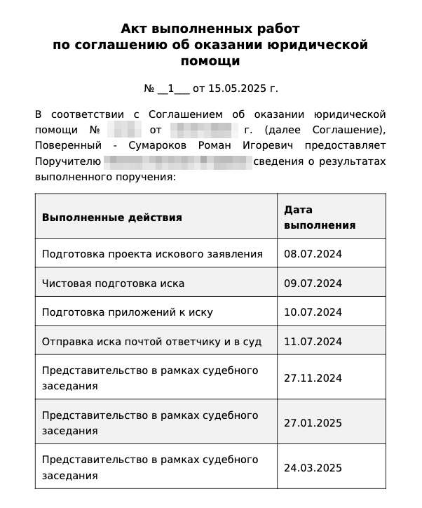 Акт работ адвоката