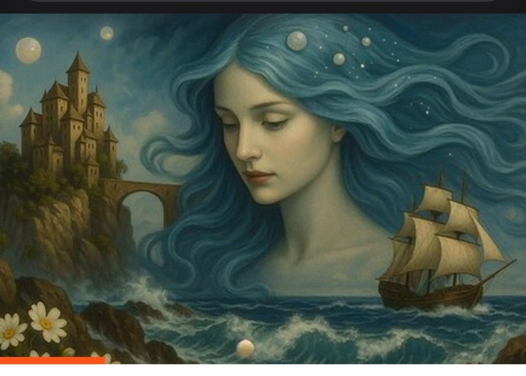 На сюрреалистическом пейзаже возвышается женщина, её лазурные волосы, словно морская волна